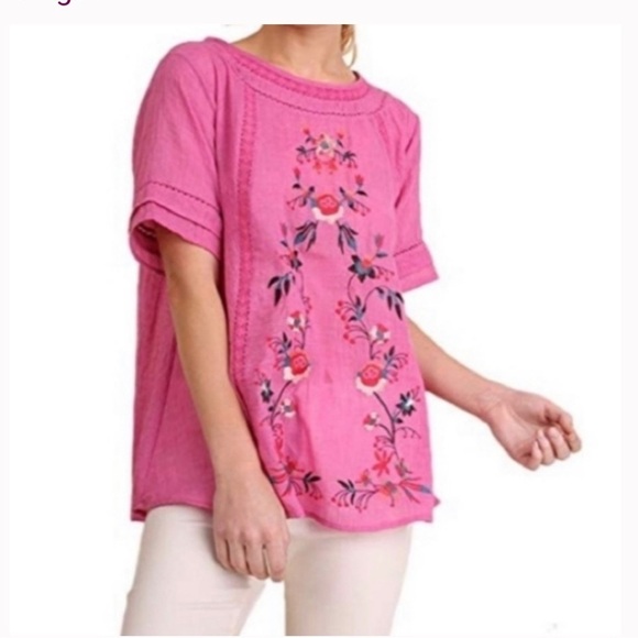 Umgee Tops - Umgee Pink Floral Embroidered Laffer Lace Trim Blouse Size Small